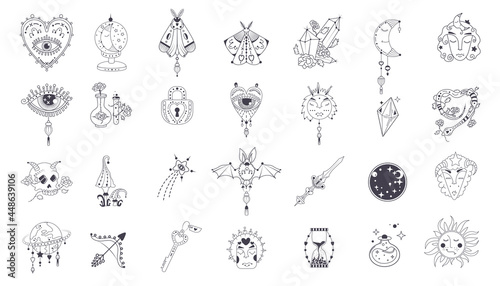 Icon Mystic vector items, moon, hands, crystals, planets. Doodle astrology style. Doodle esoteric, boho mystical hand drawn elements. Magic and witchcraft, witch esoteric alchemy. Icons set. Vector