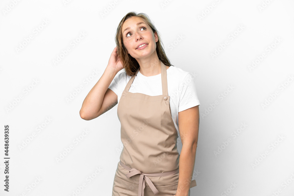 Restaurant waiter caucasian woman isolated on white background thinking an idea Restaurant waiter caucasian woman isolated on white background thinking an idea