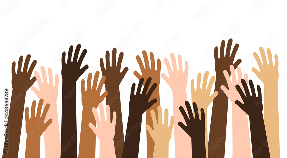 Hands of diverse group of people together raised up, vector illustration