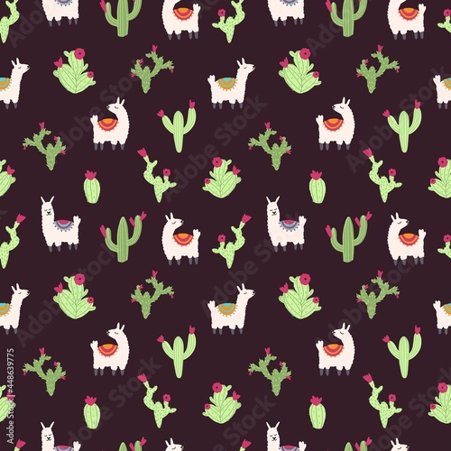 Vector seamless pattern with alpaca lama and cactus on a dark background. Vector illustration with cute animals in cartoon flat childish style