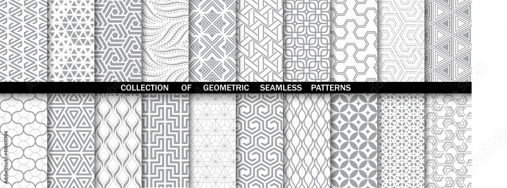 Geometric set of seamless gray and white patterns. Simple vector graphics.