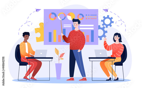 Concept of business meeting, presentation, training, annual report with diverse fictional business characters. Website banner, marketing material, online advertising. Flat cartoon vector illustration