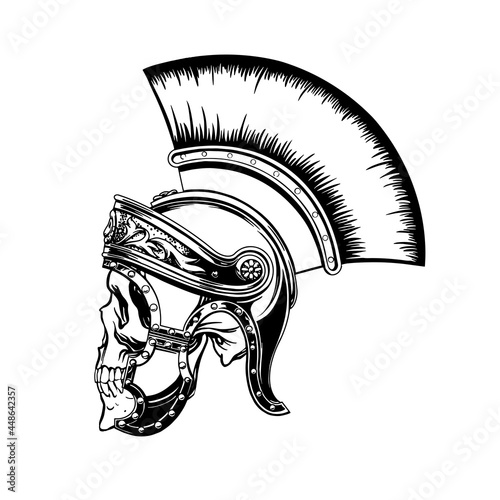 Hand drawing skull of Roman warrior, gladiator for print, tattoo. Vector illustration