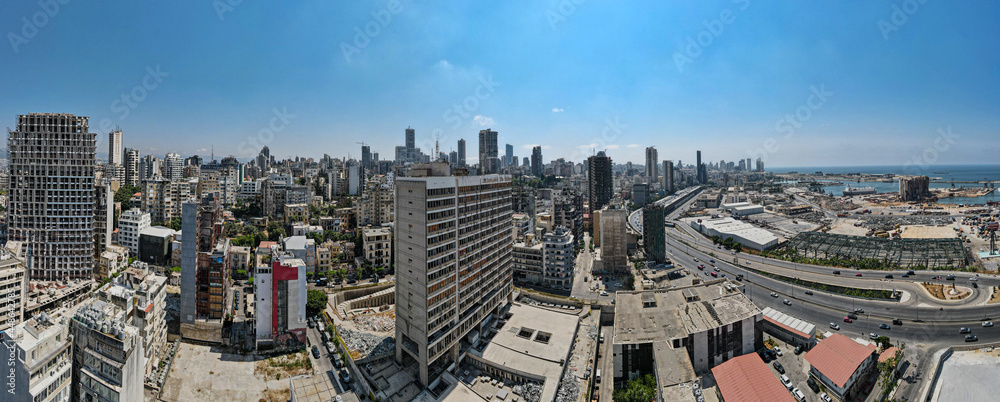 Naklejka premium Beirut, Lebanon August 2 2021: A panoramic view of Beirut's Port where the August 4 massive blast happened. In the foreground appears the Electricity of Lebanon building.