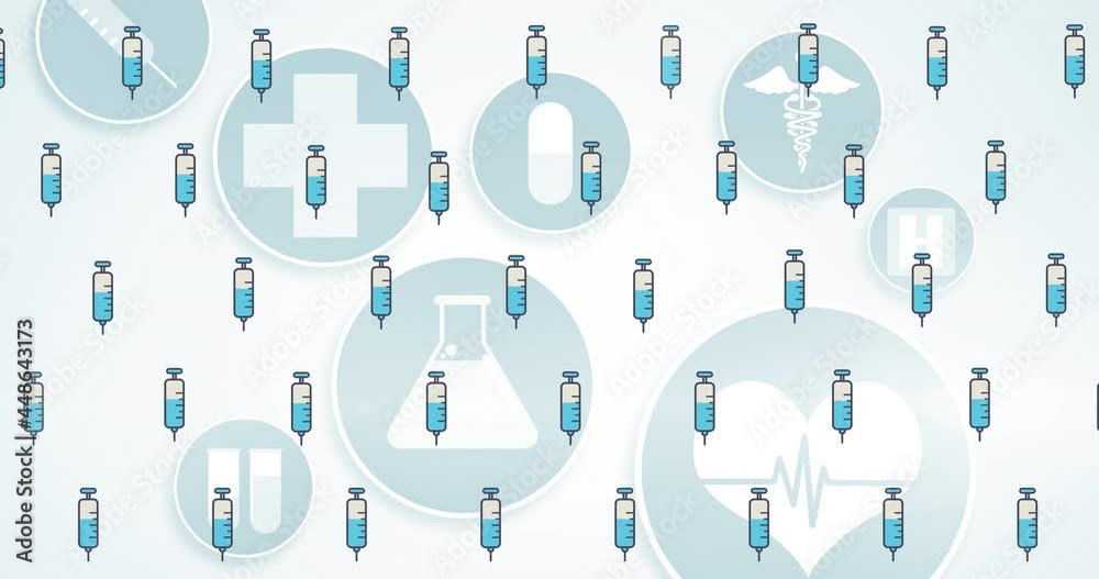 Animation of vaccine icons over medical icons Animation of vaccine icons over medical icons