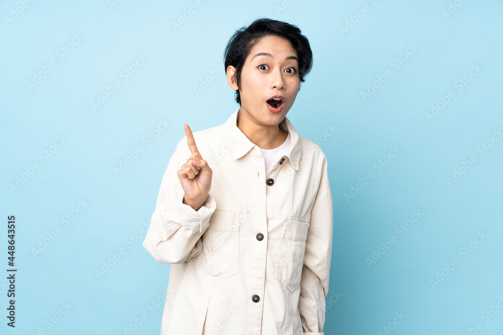 Young Vietnamese woman with short hair over isolated background intending to realizes the solution while lifting a finger up Young Vietnamese woman with short hair over isolated background intending to realizes the solution while lifting a finger up