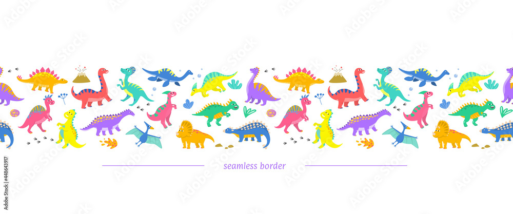 Cute horizontal seamless border with dinosaurs. Cute horizontal seamless border with dinosaurs.