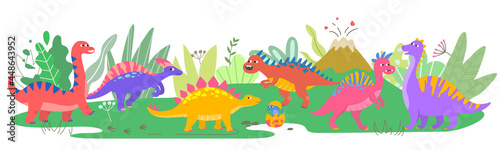 Background with cartoon colorful dinosaurs, volcano and plants.