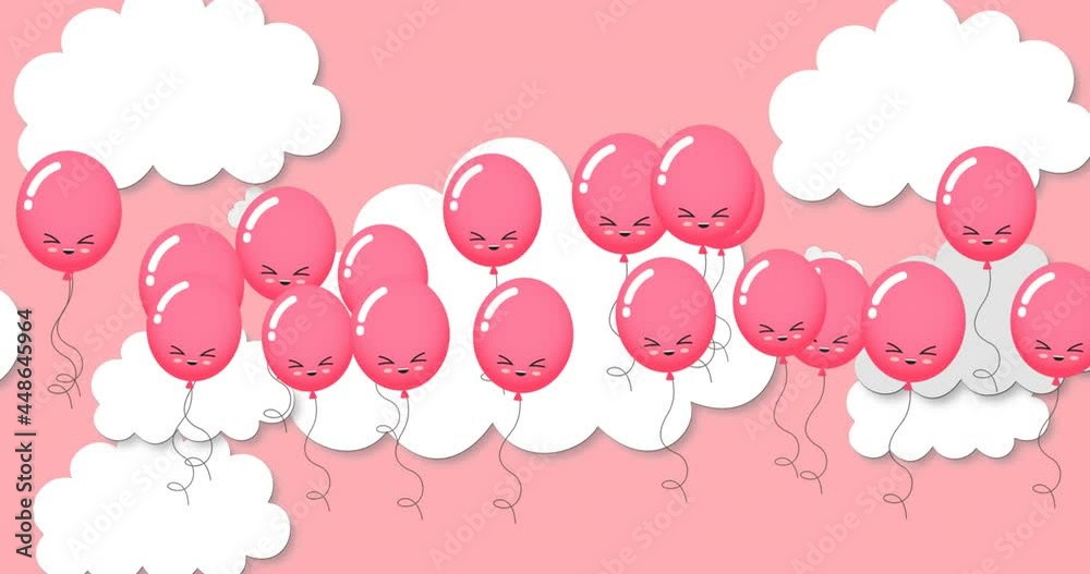 Animation of pink balloons flying over pink sky background Animation of pink balloons flying over pink sky background
