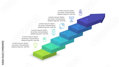 3D vector infographic pyramid, or comparison chart with 6 colorful levitating layers.