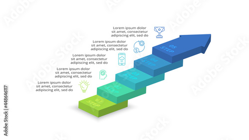 3D vector infographic pyramid, or comparison chart with 5 colorful levitating layers.