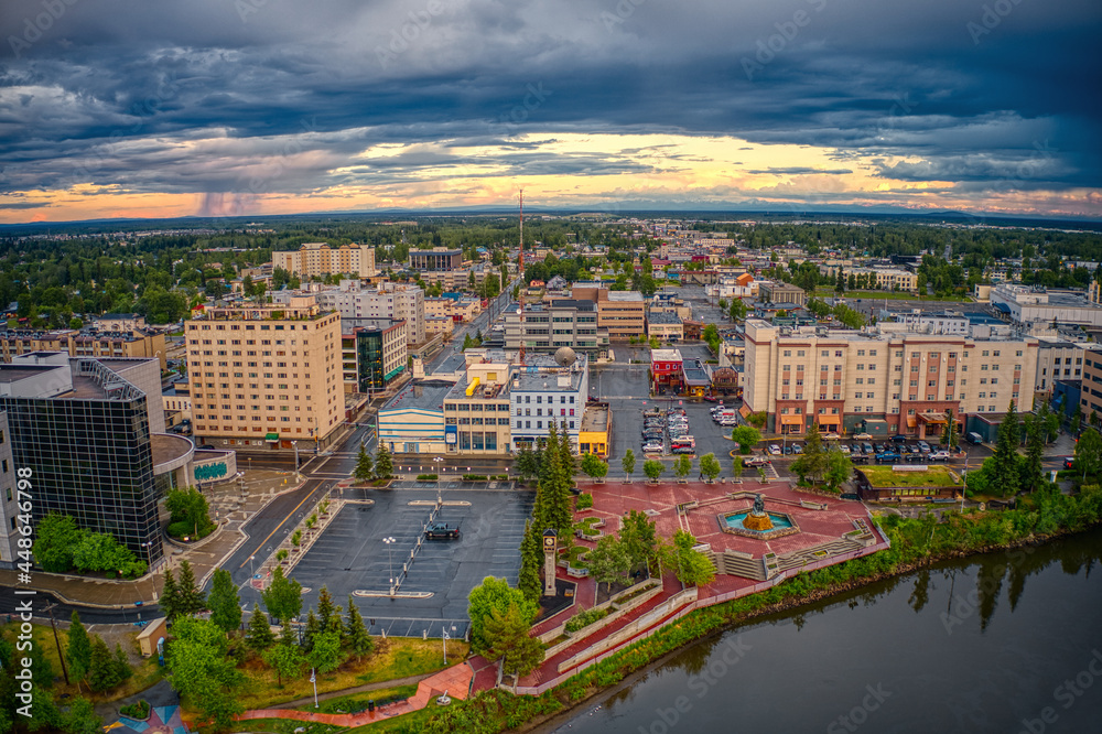 Fototapeta premium Aerial View of Downtown Fairbanks, Alaska during a stormy Summer Sunset