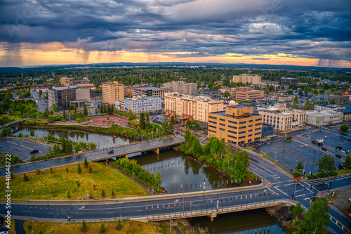 Aerial View of Downtown Fairbanks, Alaska during a stormy Summer Sunset photo