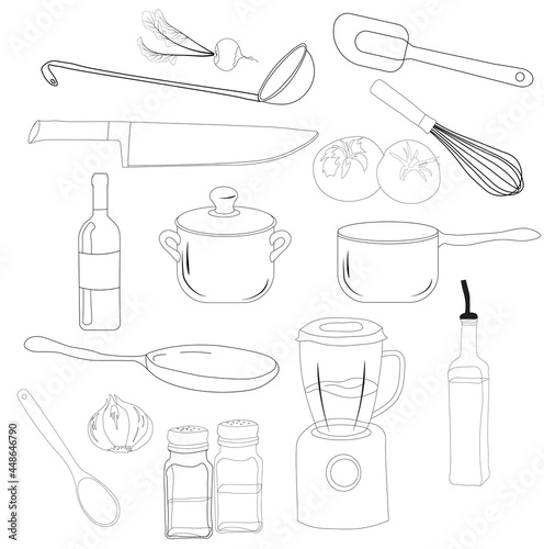 Kitchen accessories set. Vector stock illustration. Knife, blender mixer, pots, spatulas, ladle, ladle, saucepan, frying pan, saucepan. Doodle. Black and white. Isolated on a white background.