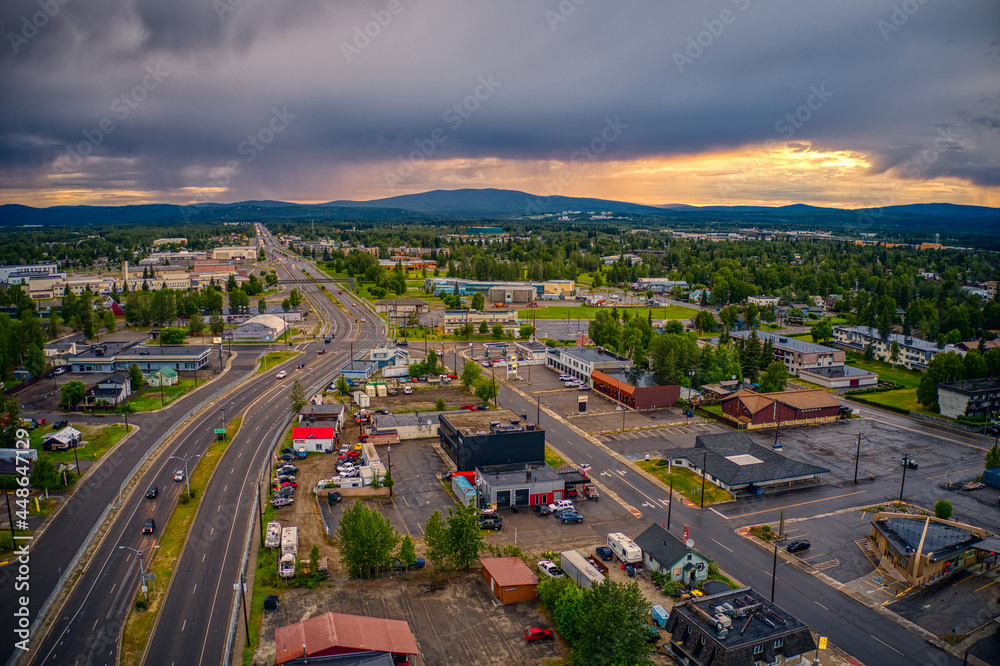 Fototapeta premium Aerial View of Downtown Fairbanks, Alaska during a stormy Summer Sunset