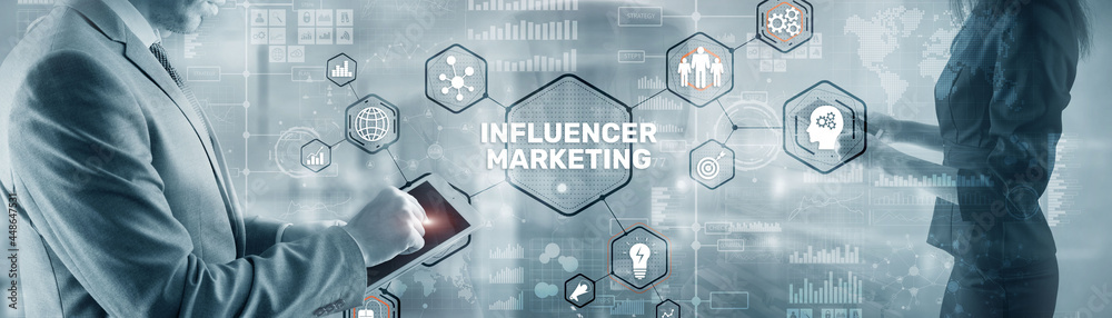 Man clicks on the inscription INFLUENCER MARKETING Man clicks on the inscription INFLUENCER MARKETING