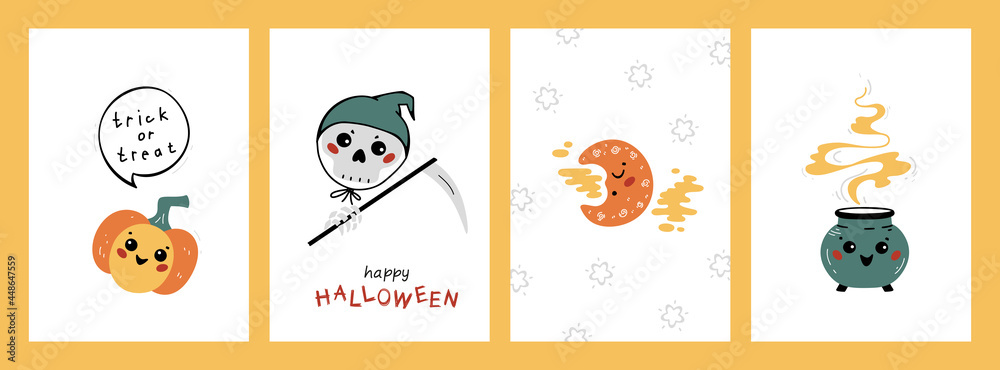 Halloween Party Posters or Greeting Cards Set. Cute Kawaii halloween Characters: Pumpkin, Scull, Moon and Witch Cauldron. Fun Collection for Kids Vector illustration