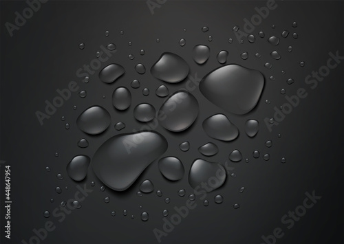Realistic drops of water on a black background. Black background with splashing water top view. Vector illustration