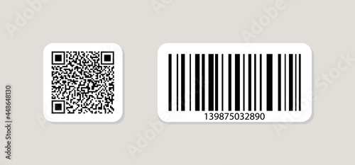 Qr code and barcode icon. Qrcode for scan. Tag for price, sku and data on product. Different logo for scanner. Square pictogram symbol for scanning application. Black binary code. Vector photo