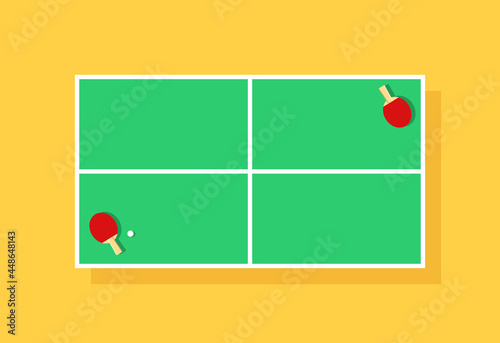 Table tennis. Table for ping pong top view with racket and ball. Game and tournament. Green cartoon court for pingpong championship. Icon for match and competition. Vector