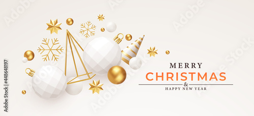 Merry Christmas and Happy New Year Background. Gold and White 3d objects holidays composition. Christmas tree, Christmas decorations, snowflakes and stars. Vector illustration