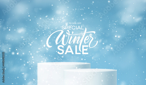 Winter Product podium on the background of drifts, snowflakes and snow. Realistic product podium for winter and christmas discount design, sale. Vector illustration