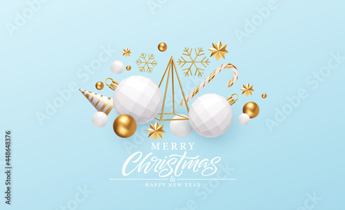 Merry Christmas and Happy New Year Background. Gold and White 3d objects holidays composition. Christmas tree, Christmas decorations, snowflakes and stars. Vector illustration