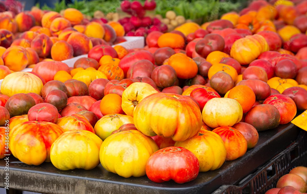 Fresh, ripe, heirloom tomatoes at a local market