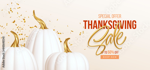 3d realistic white golden pumpkin with sale text isolated on white background. Thanksgiving background with pumpkins and Thanksgiving sale lettering. Vector illustration
