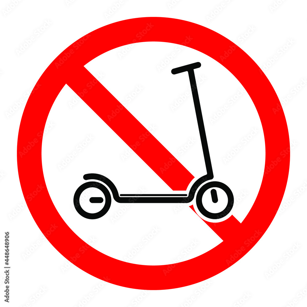 Scooter parking is prohibited. Scooter on a red sign. Scooter parking is prohibited. Scooter on a red sign.