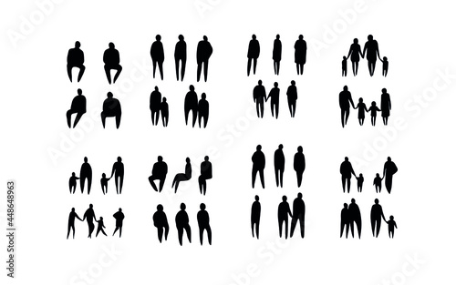 Vector illustration, Outline silhouettes of people, Contour drawing, people silhouette, Icon Set Isolated , Silhouette of sitting people, Architectural set	
