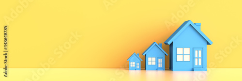 Blue house on yellow background with empty copy space on left side. Hunting and searching concept. 3D Rendering