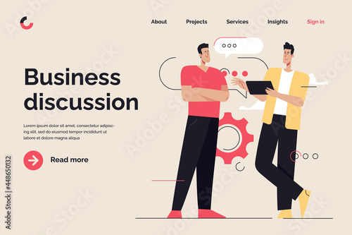 Business concept flat style outline vector illustration on the subject of planning, discussing, brainstorming. Editable stroke