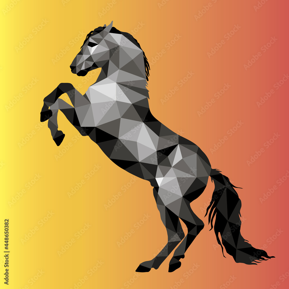 a galloping horse, an image in the low poly style, isolated on a orange background - obrazy, fototapety, plakaty 