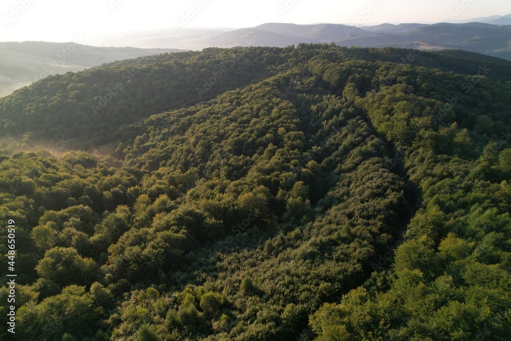 Summer panorama of Ukrainian mountain range. Beautiful summer scenery. Morning fog spreads on the mountain valley. Panoramic summer scene of Carpathian village. Amazing morning landscape of mountain. Summer panorama of Ukrainian mountain range. Beautiful summer scenery. Morning fog spreads on the mountain valley. Panoramic summer scene of Carpathian village. Amazing morning landscape of mountain.