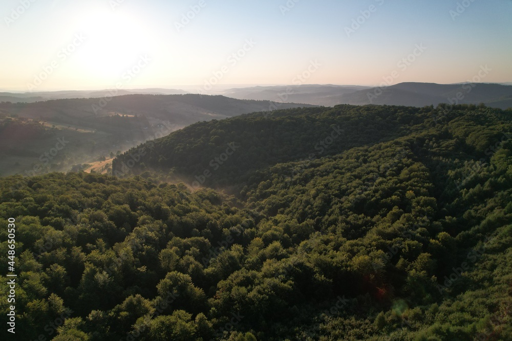 Dreamy sunrise in the morning with fog in the mountains. Ukraine