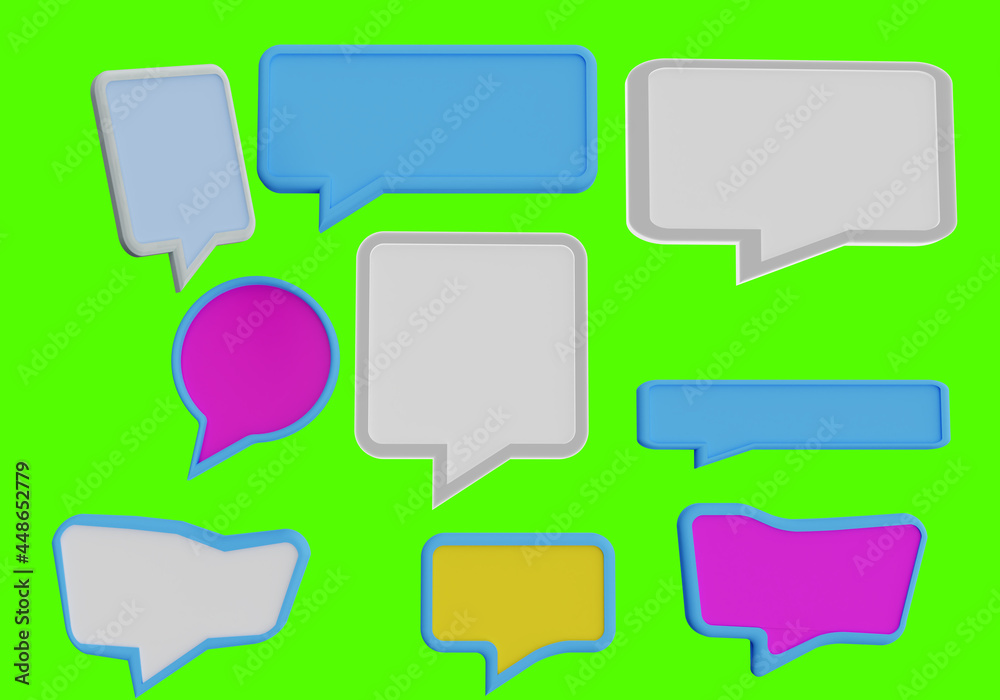 Dialogue bubbles. Dialogue clouds on green background. Dialogue clouds set. Set different speech bubbles. Multicolored speech bubbles on bright background. Speech clouds different shapes. 3d image Dialogue bubbles. Dialogue clouds on green background. Dialogue clouds set. Set different speech bubbles. Multicolored speech bubbles on bright background. Speech clouds different shapes. 3d image