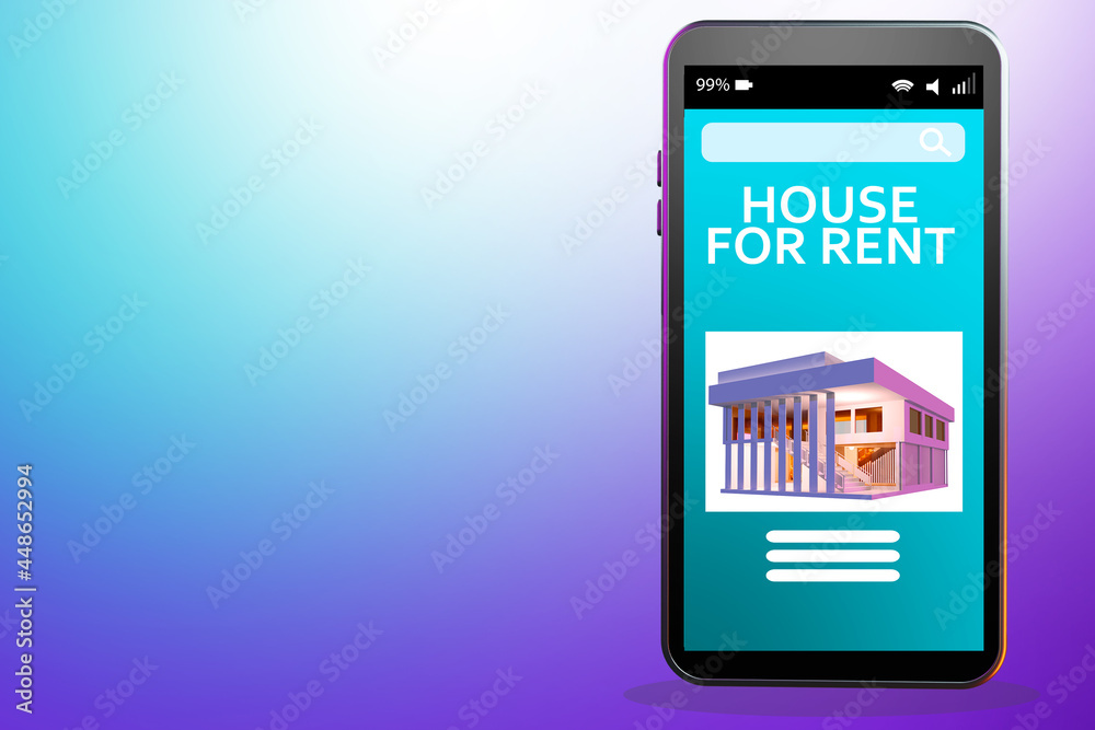 Real estate search apps interface. Mobile catalog of real estate for rent. Renting house in apps phone. Home booking via smartphone. Home rental booking. Place for text purple gradient. 3d image Real estate search apps interface. Mobile catalog of real estate for rent. Renting house in apps phone. Home booking via smartphone. Home rental booking. Place for text purple gradient. 3d image