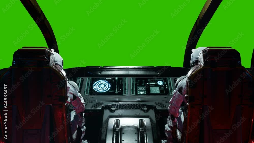 Space travelers-astronauts fly through the space portal in their interstellar spacecraft. The loopable animation with green screen is perfect for futuristic or space travel. Spaceship in a wormhole.