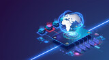 Global network concept with hardware computer server data center and hologram globe. World internet connection or online communication. Data collection and storage, information processing. Vector 