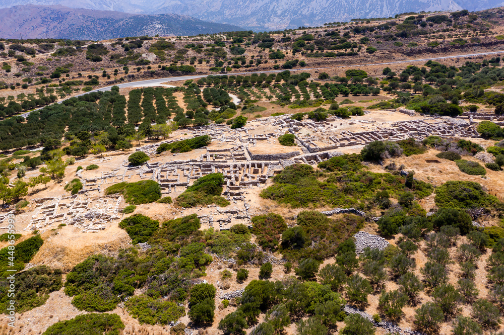 Aerial drone view of the ancient Minoan ruins at Gournia on the Greek island of Crete