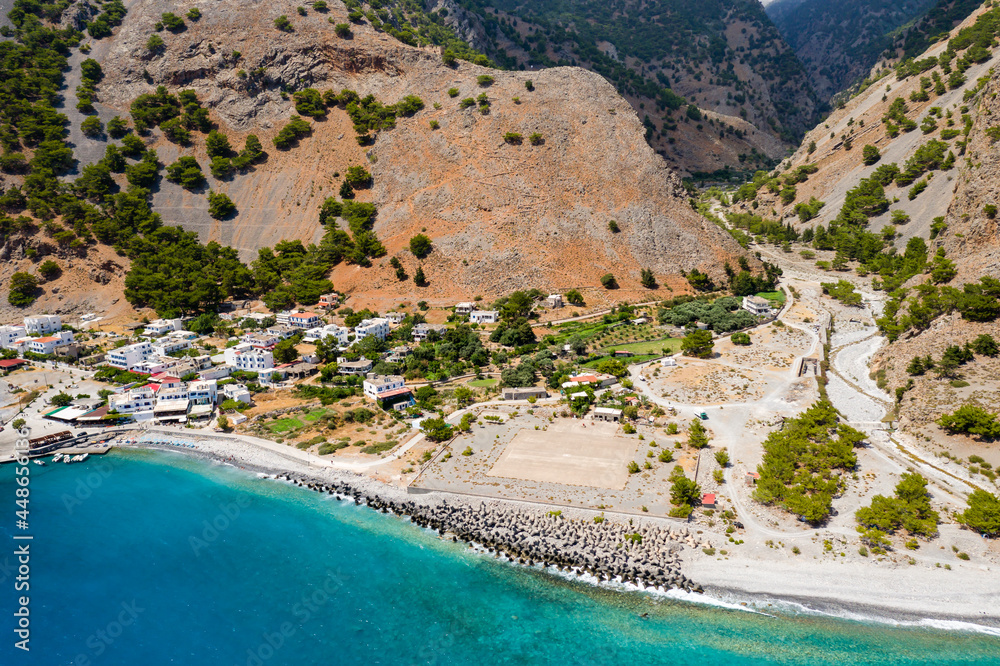 Aerial view of the town of Agia Roumeli at the exit of the Samaria Gorge (Crete, Greece)