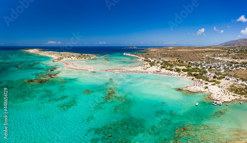 Aerial panoramic view of a narrow sandy beach and beautiful tropical lagoons  Elafonissi  Crete 