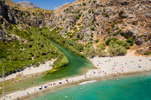 Aerial view of the famous Palm Forest and beach at the Cretan town of Preveli, Greece photo