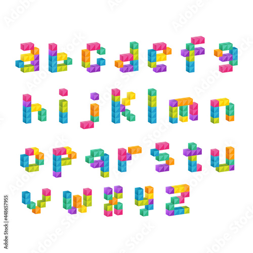 Colorful pixel alphabet in lowercase with 3D effect
