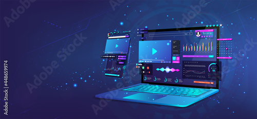 Video content on 3D laptop and Mobile Phone. Concept - webinar, online promotion, conference, training, working online using a laptop and smartphone, video marketing, creation of videos. Vector