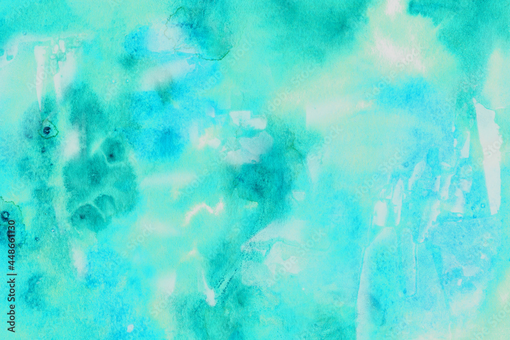 abstract watercolor greenish blue sky and clouds effect painting pattern and grunge brushed gradient texture.