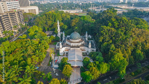 Aerial view of White mosque. Top view of the mosque forest. Jakarta, Indonesia, August 3, 2021