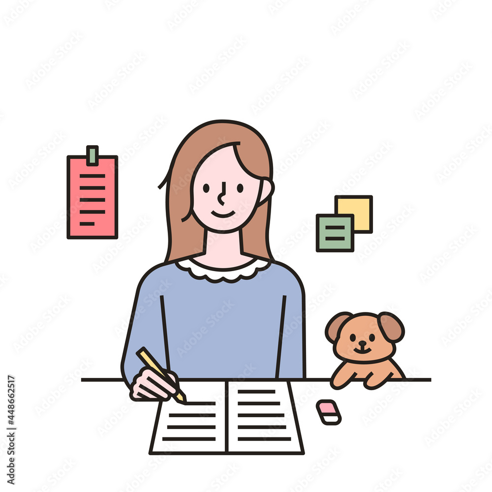 A woman is studying and a cute puppy is next to her. outline simple vector illustration. A woman is studying and a cute puppy is next to her. outline simple vector illustration.