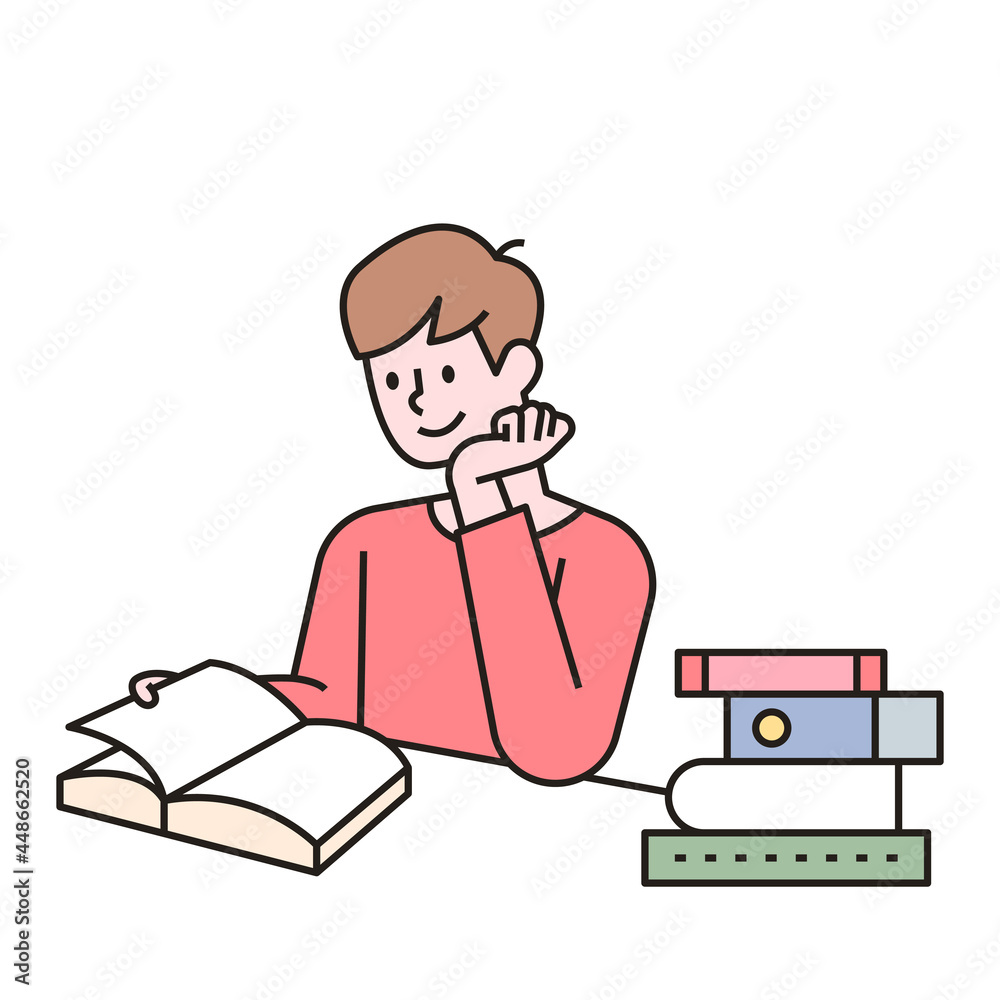 A man is reading a book at his desk, with books stacked next to him. outline simple vector illustration.